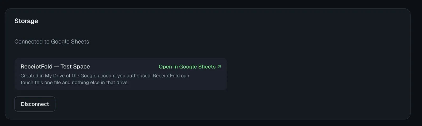 Ajustes de almacenamiento: la hoja que ReceiptFold creó en tu Google Drive, el único archivo que puede tocar